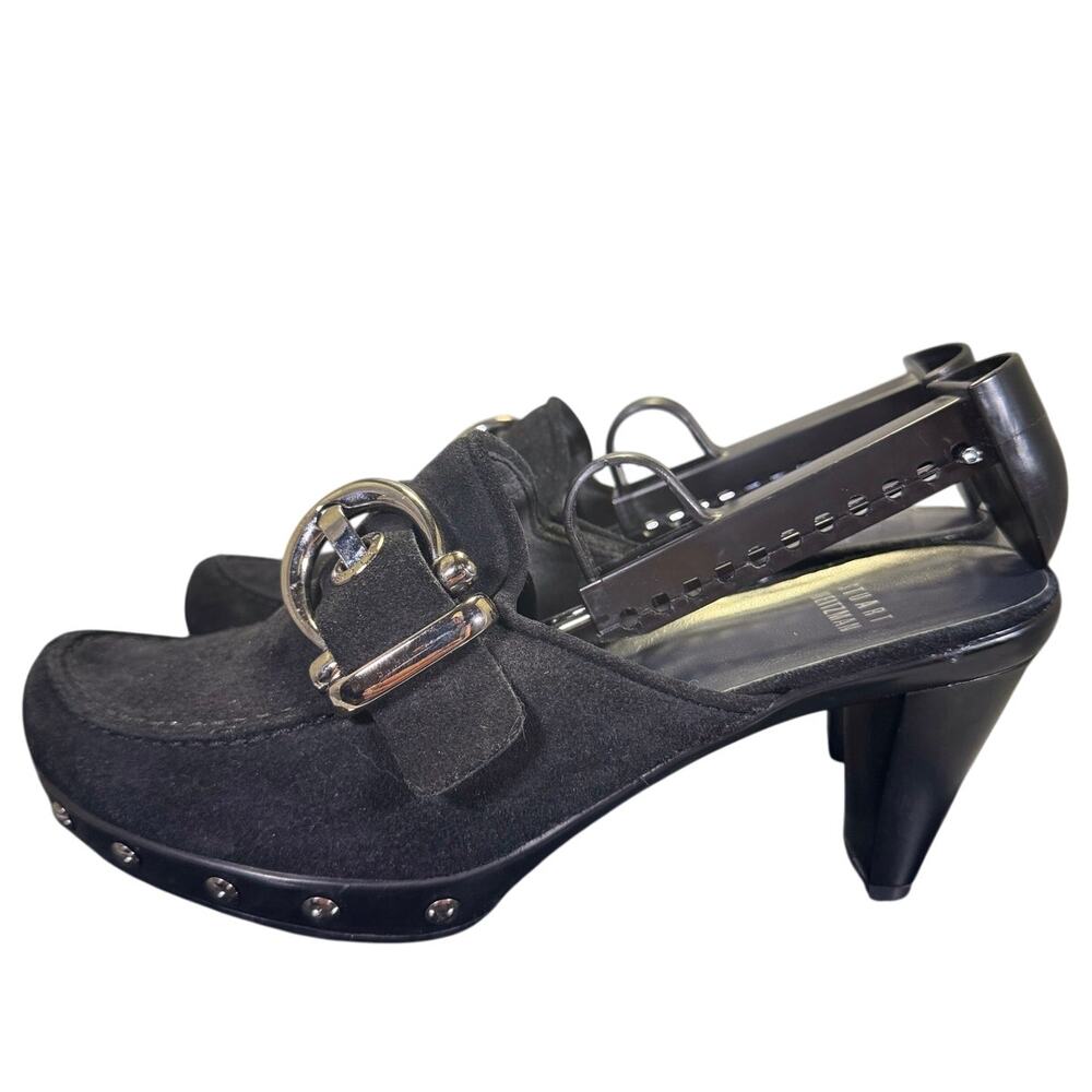 Stuart Weitzman Black Suede Heels Studded Mules W/ Silver Buckle 6.5M US